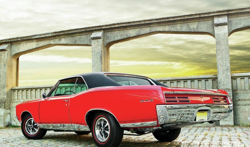 Red Classic Car — Dramatic, Sunset, Photograph, Bridge