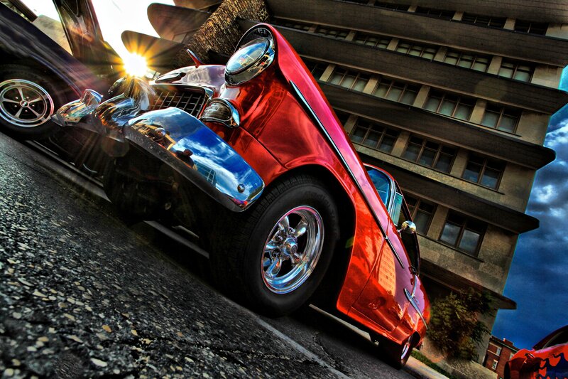 Red Classic Car — Dramatic, Sunset, Photograph, Building, Sun