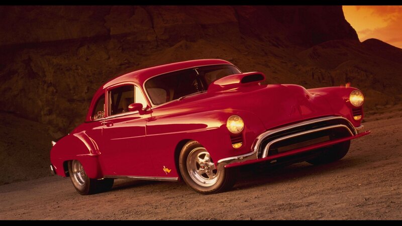 Red Classic Car — Dramatic, Sunset, Photograph, Dirt Road