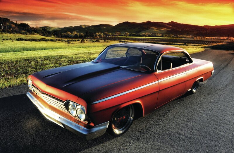 Red Classic Car — Dramatic, Sunset, Photograph, Road