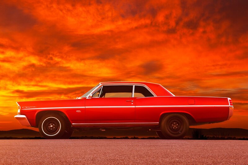 Red Classic Car — Dramatic, Sunset, Photograph, Sky