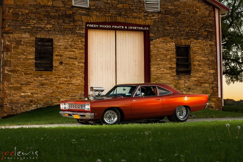 Red Classic Car — Dramatic, Sunset, Photograph, Stone Building