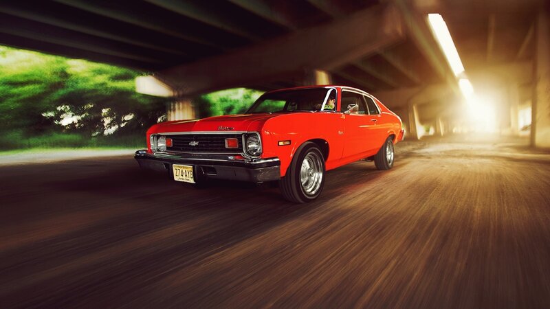 Red Classic Car — Dynamic, Afternoon, Photograph, Bridge, Driver