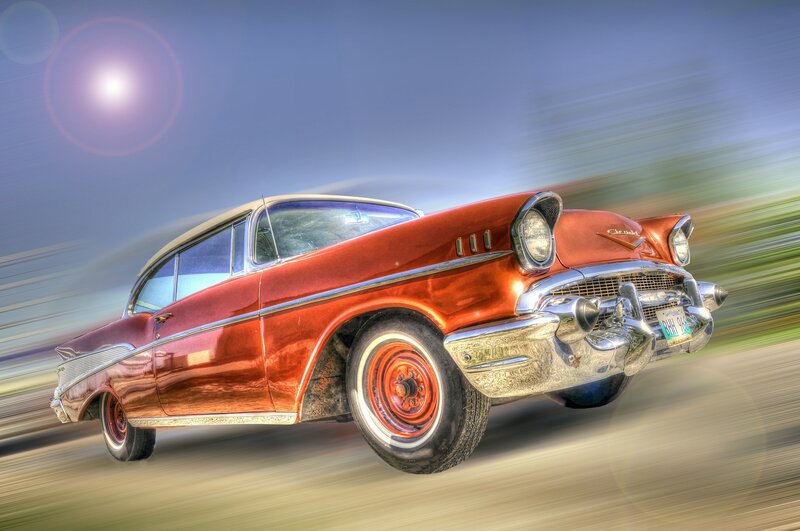 Red Classic Car — Dynamic, Afternoon, Photograph, Sky