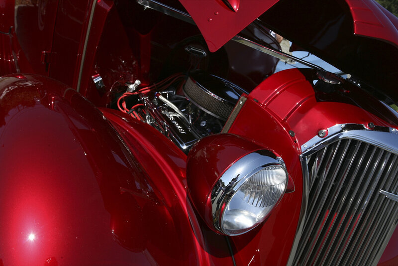 Red classic car engine bay
