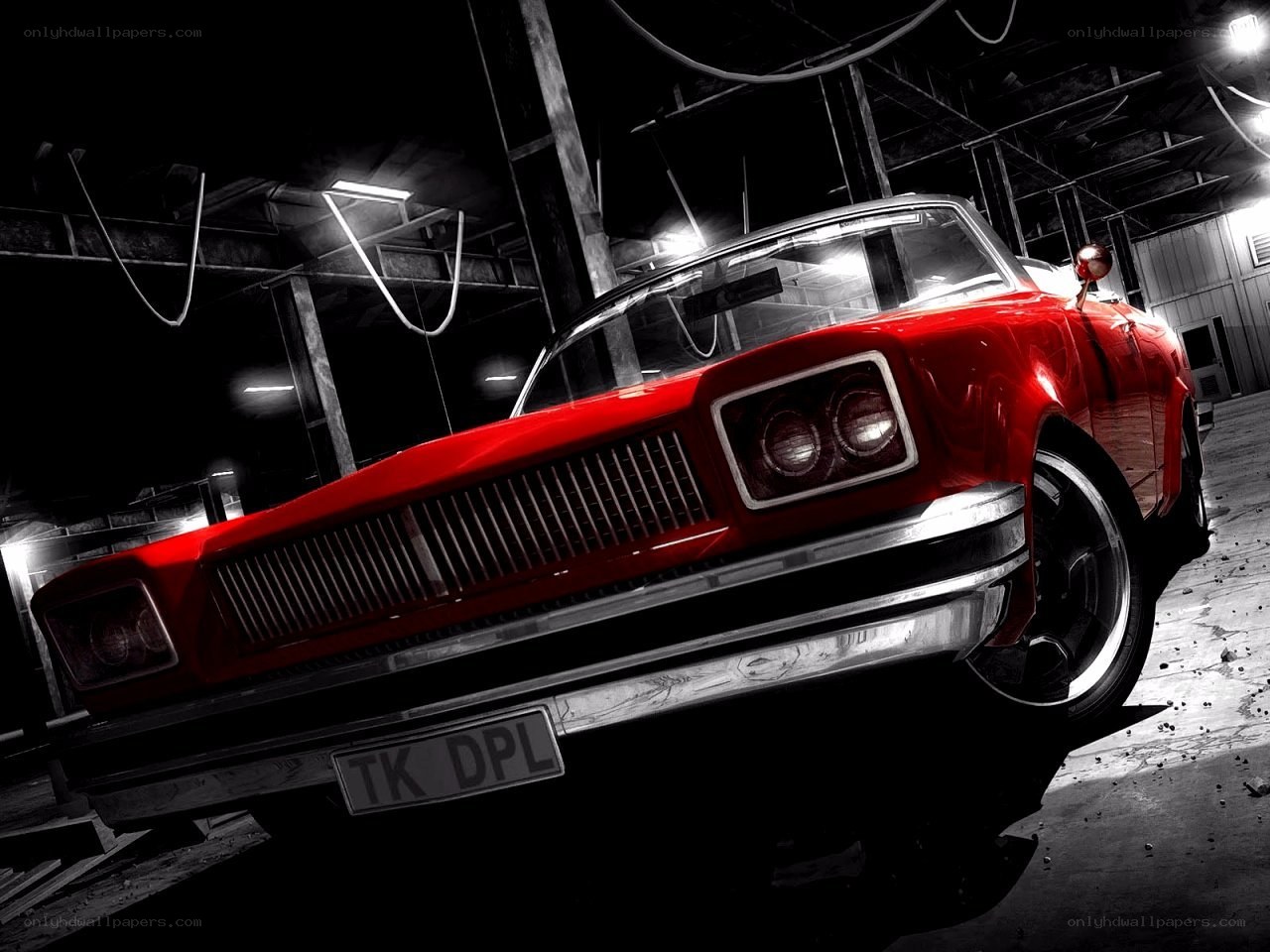red classic car in garage