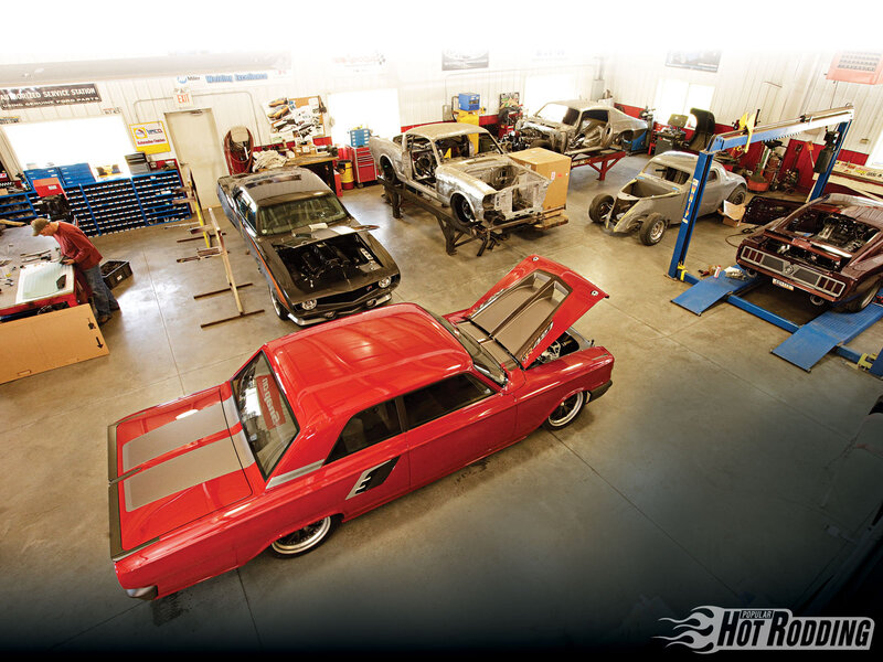 Red Classic Car in Garage — Industrial
