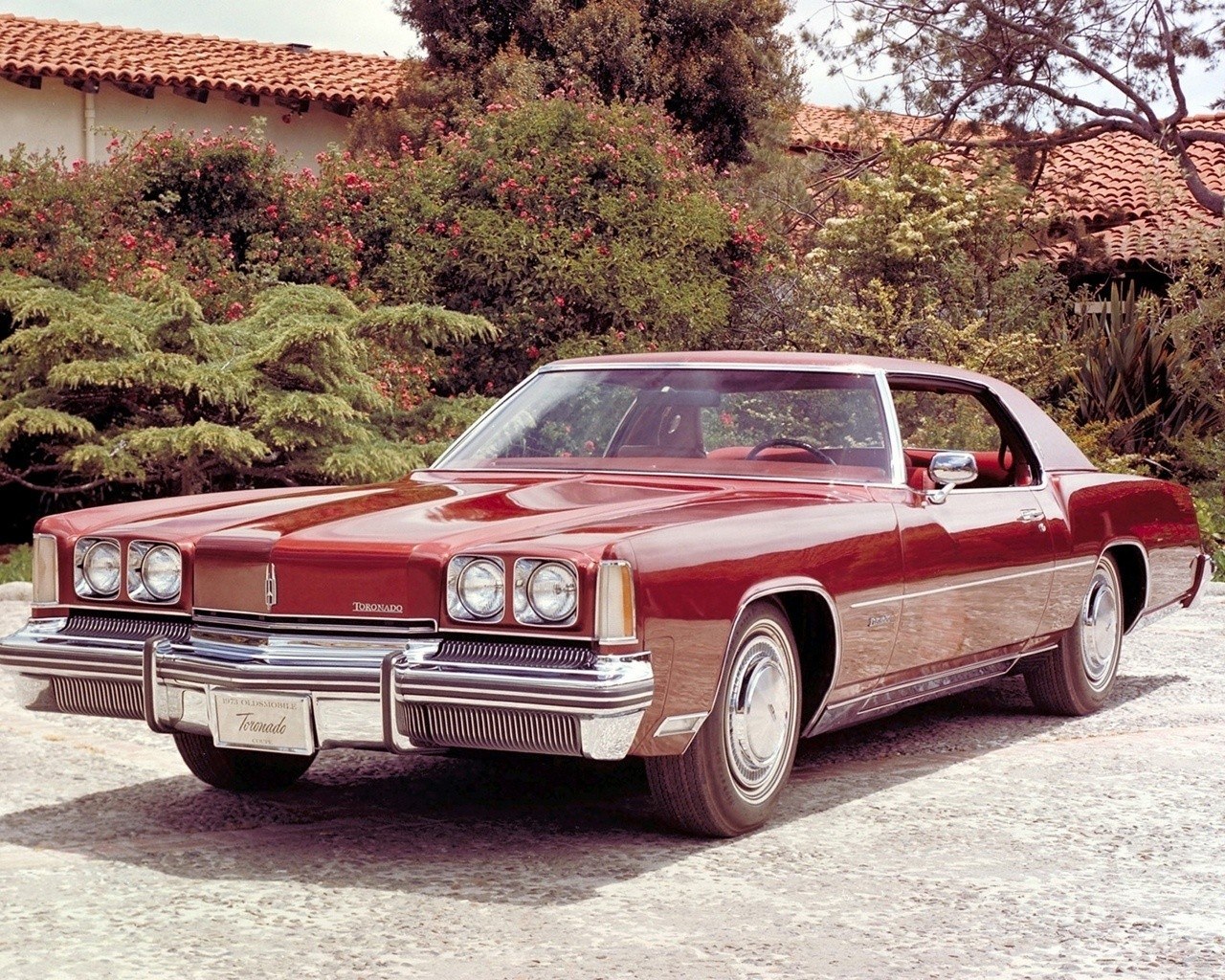 Red classic car in garden