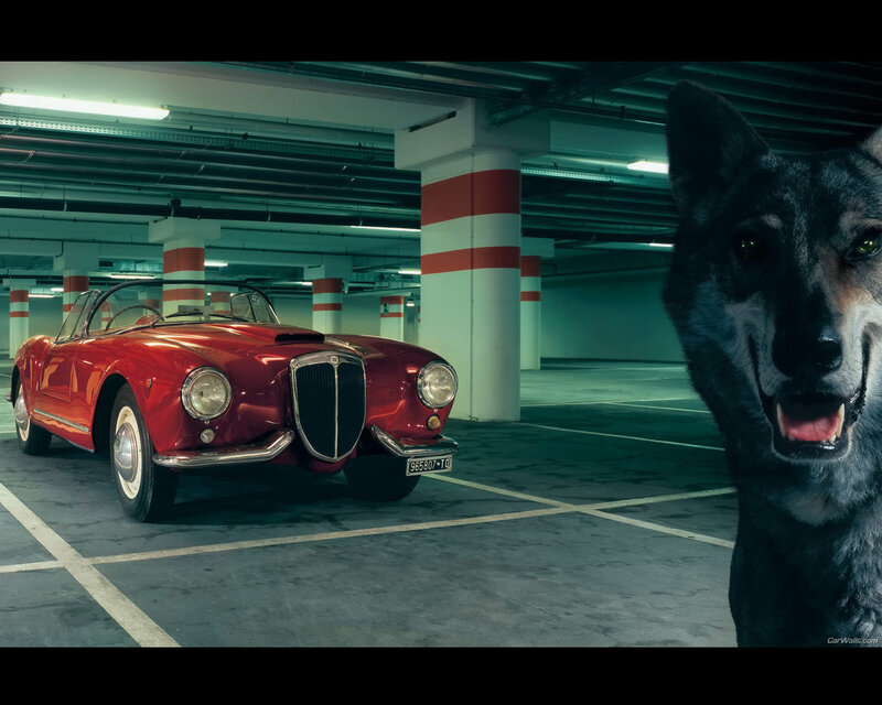Red classic car in parking garage