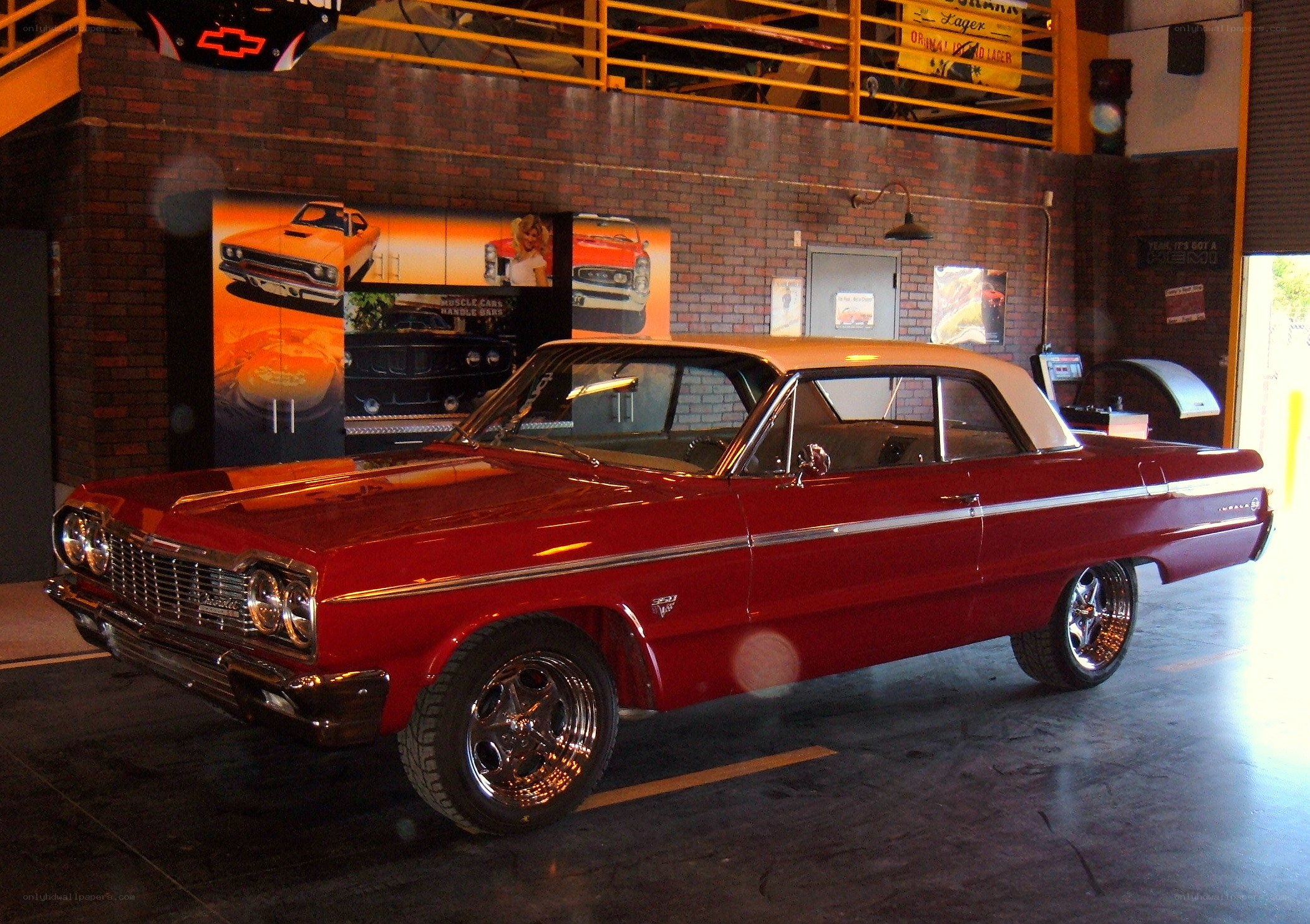 Red classic car in showroom