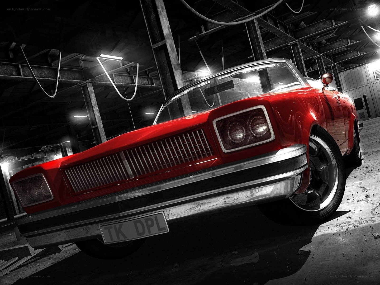 Red classic car in warehouse