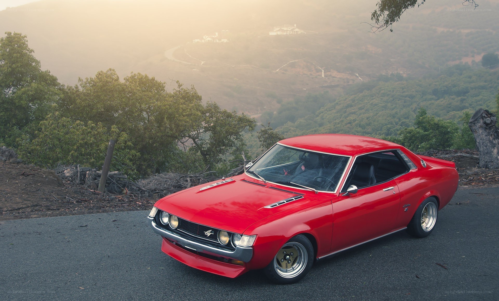 Red classic car on a hillside