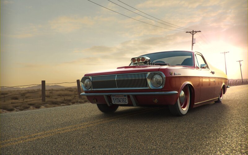 Red classic car on desert road