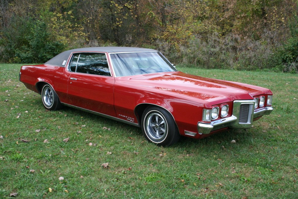 Red classic car on grass