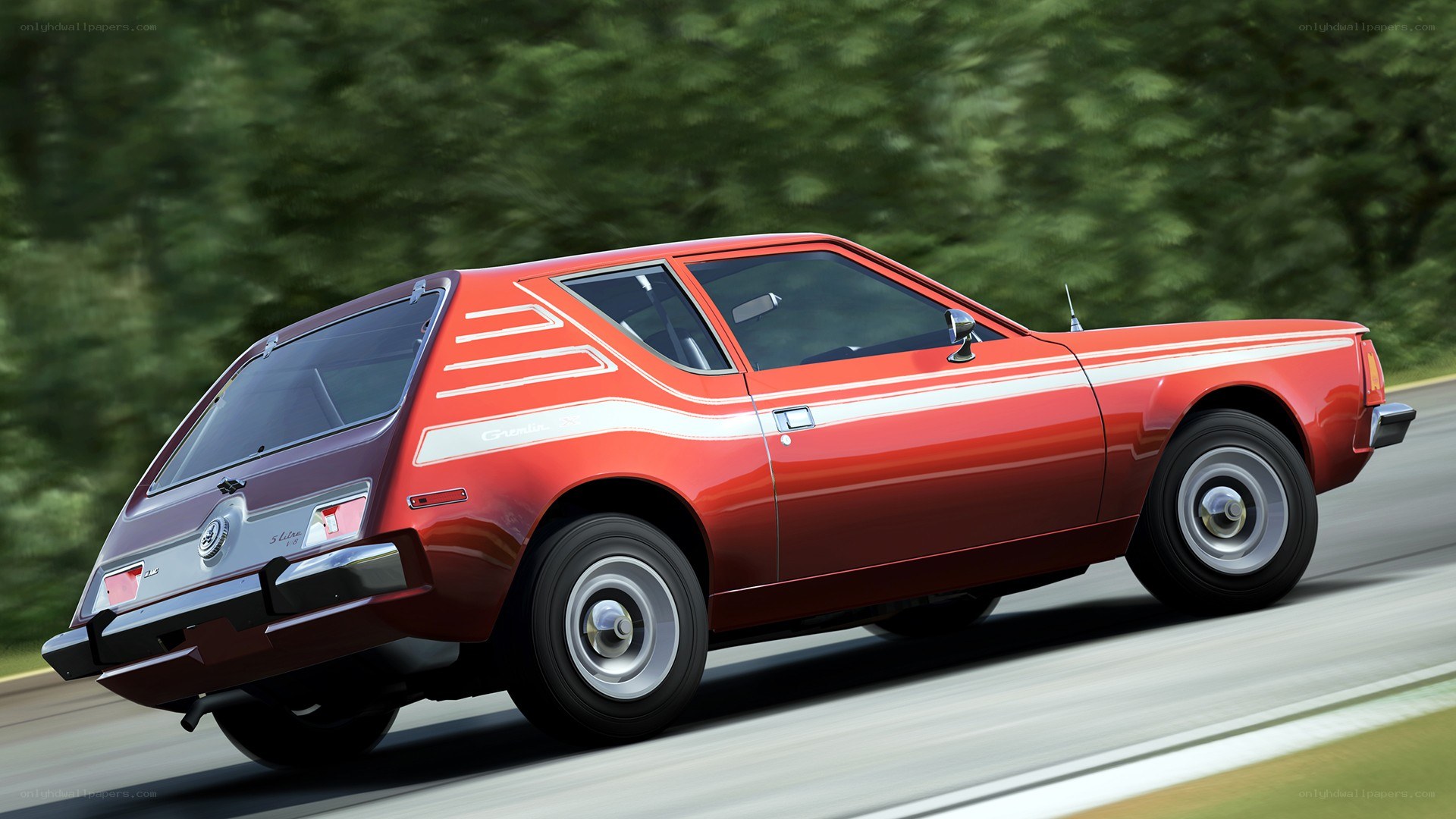 Red classic car on road