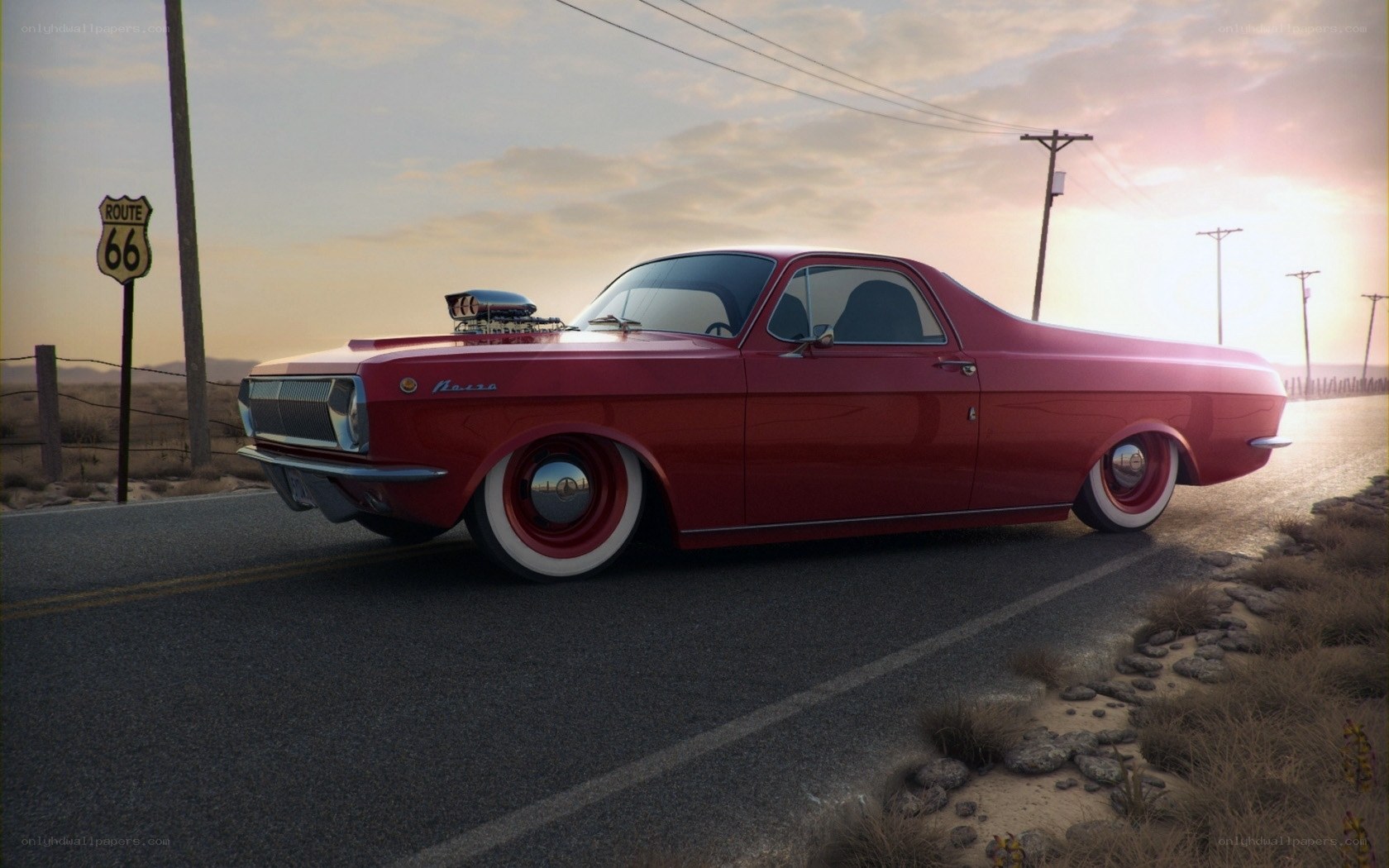 Red classic car on Route 66