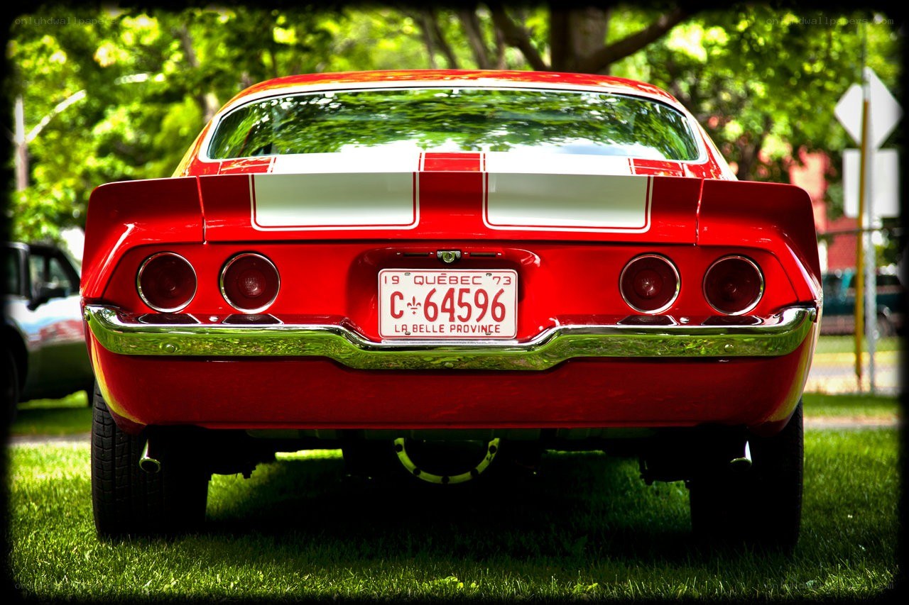 Red classic car rear view
