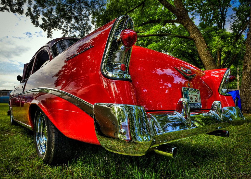 Red classic car rear view