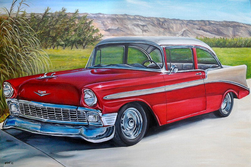 Red Classic Car — Serene, Afternoon, Painting