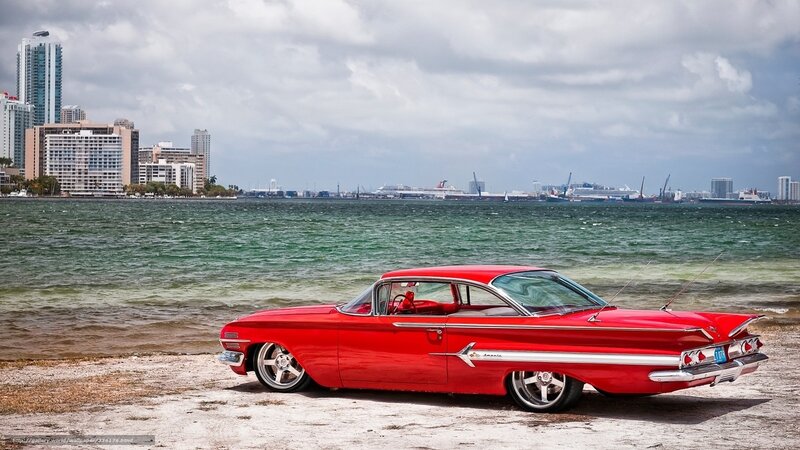 Red Classic Car — Serene, Afternoon, Photograph, Beach
