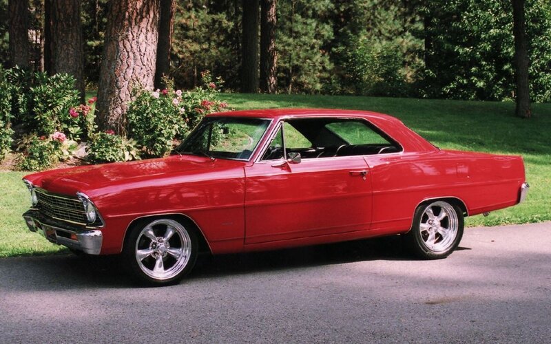 Red Classic Car — Serene, Afternoon, Photograph, Trees, Grass