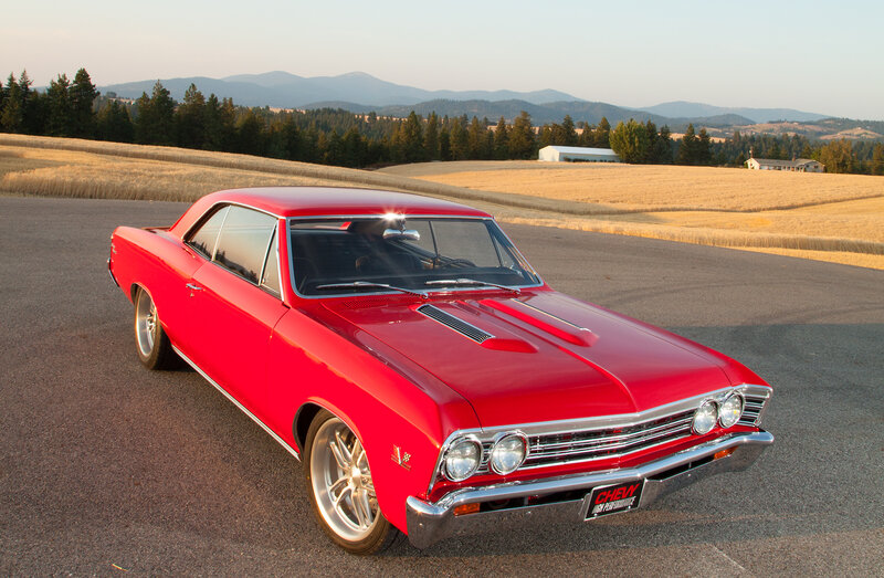 Red Classic Car — Serene, Sunset, Photograph, Field, Mountains