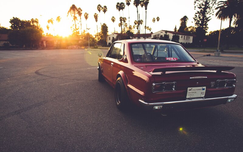 Red Classic Car — Serene, Sunset, Photograph, Palm Trees