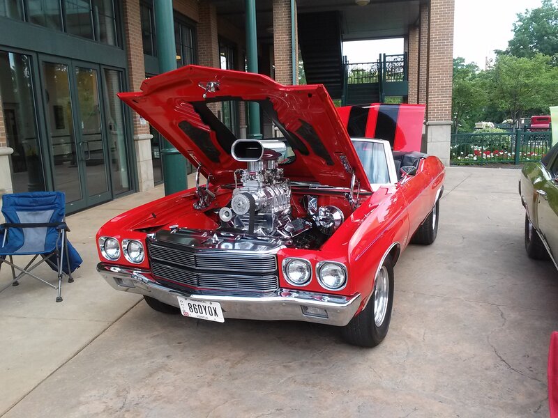 Red Classic Car — Showcase, Afternoon, Photograph, Building