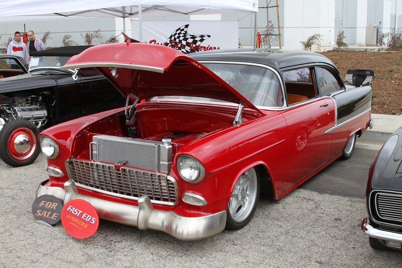 Red Classic Car — Showcase, Afternoon, Photograph, Car Show, Open Hood, Signs