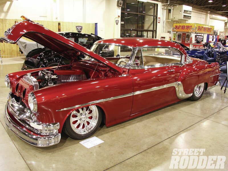 Red Classic Car — Showcase, Photograph, Car Show, Open Hood, Chrome Wheels