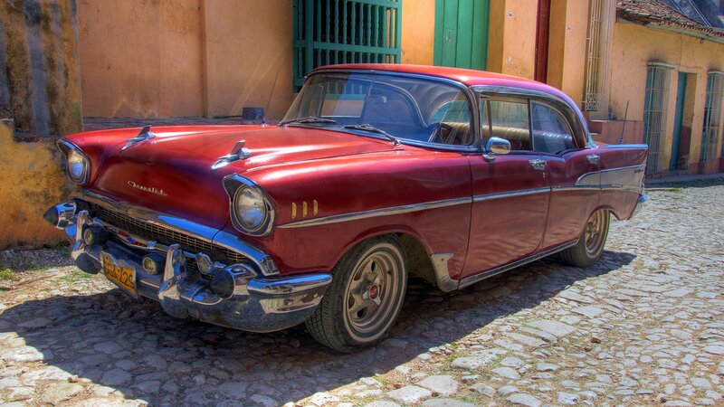 Red Classic Car — Sunlit, Afternoon