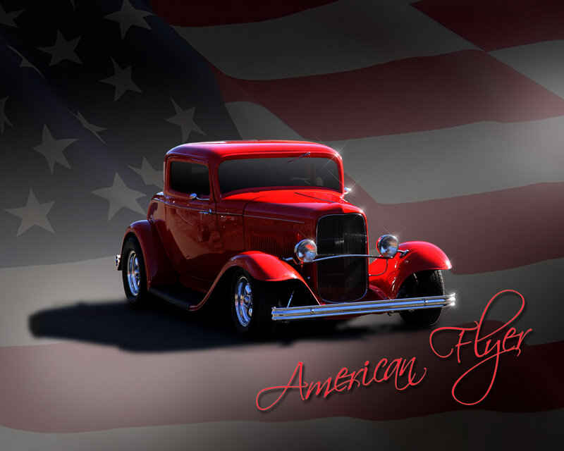 Red classic car with American flag