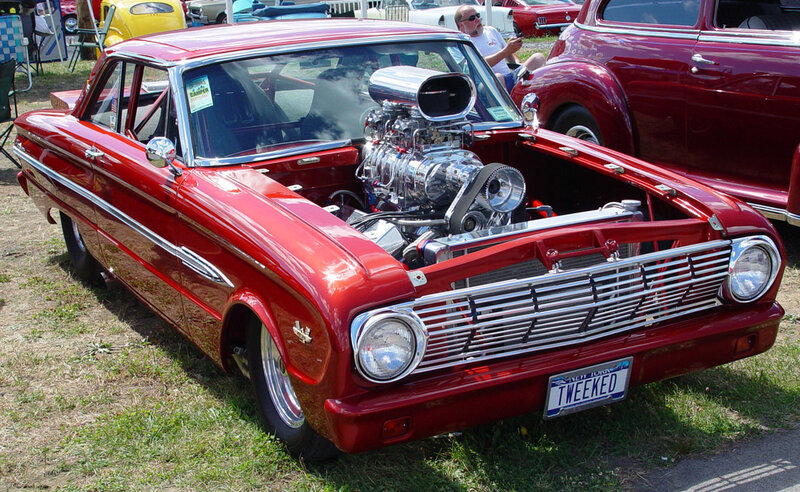 Red classic car with engine