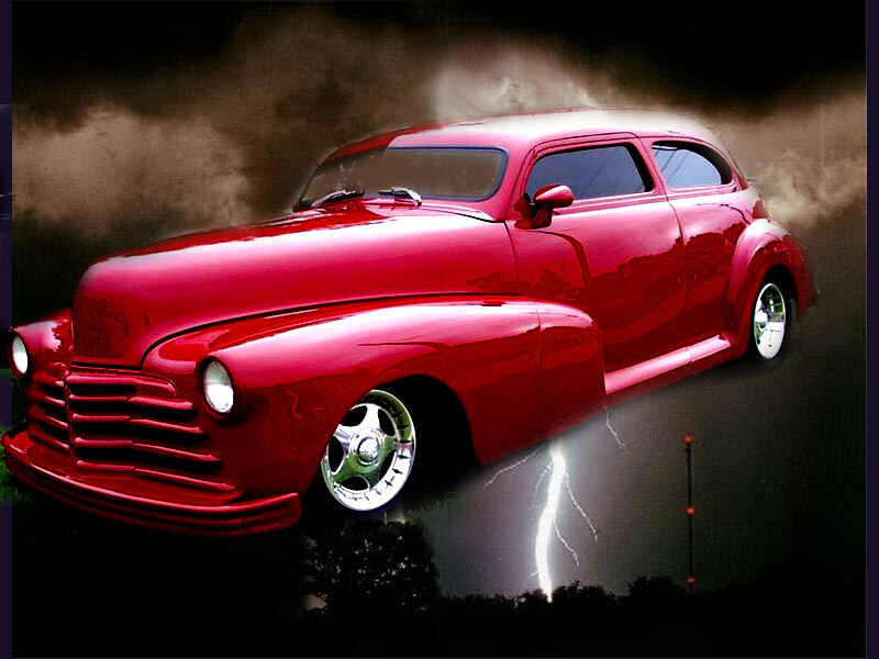 Red classic car with lightning