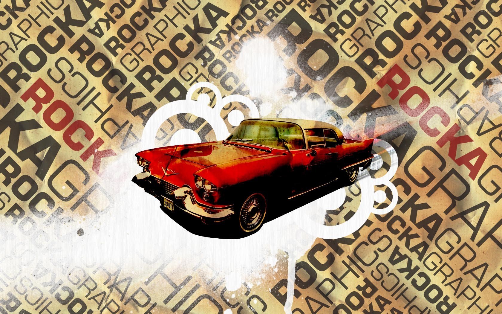 Red classic car with rock graphics