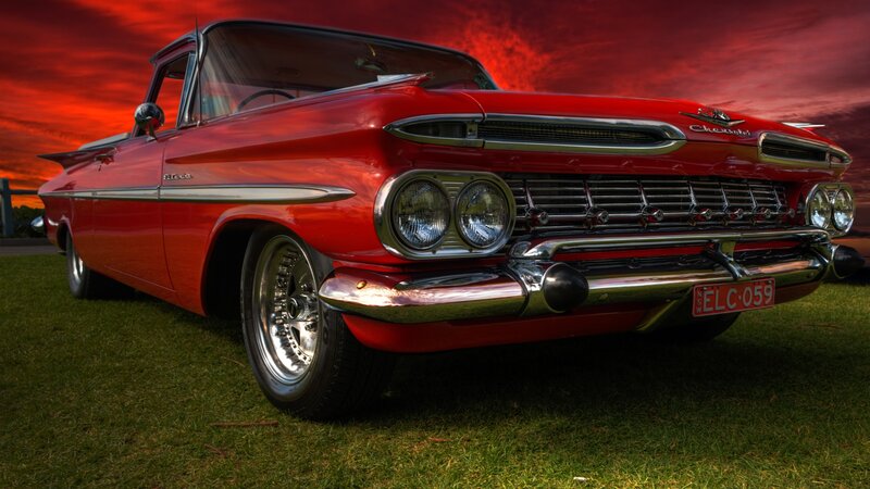 Red Classic Chevrolet — Dramatic, Sunset, Photograph, Car