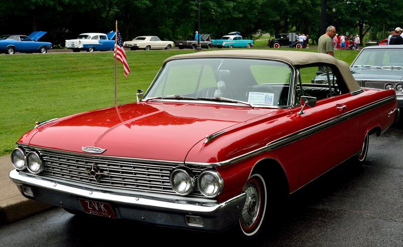 Red Classic Convertible — Calm, Afternoon, Photograph, American Flag