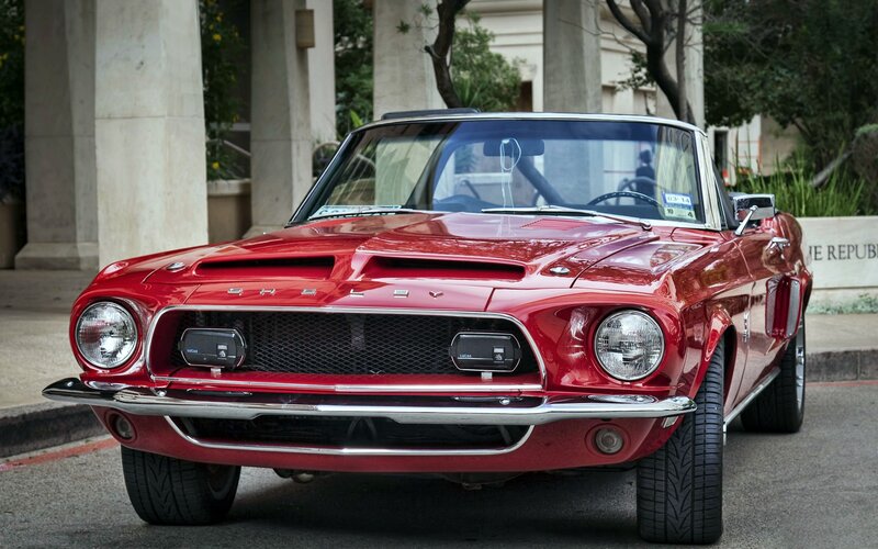 Red Classic Convertible — Calm, Afternoon, Photograph, Car, Building, Trees