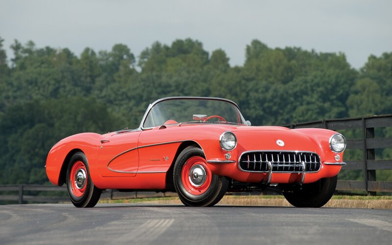 Red Classic Convertible — Calm, Afternoon, Photograph, Trees, Fence, Road