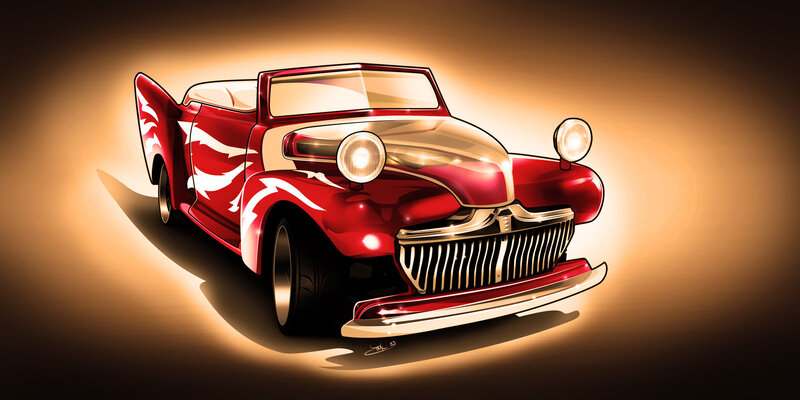 Red Classic Convertible Car — Dramatic, Digital Art