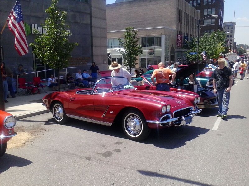 Red Classic Convertible — Outdoor, Afternoon, Photograph, People, Buildings