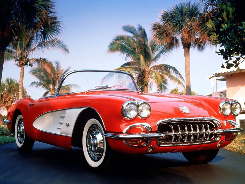 Red Classic Convertible — Serene, Afternoon, Photograph, Palm Trees, House, Sky
