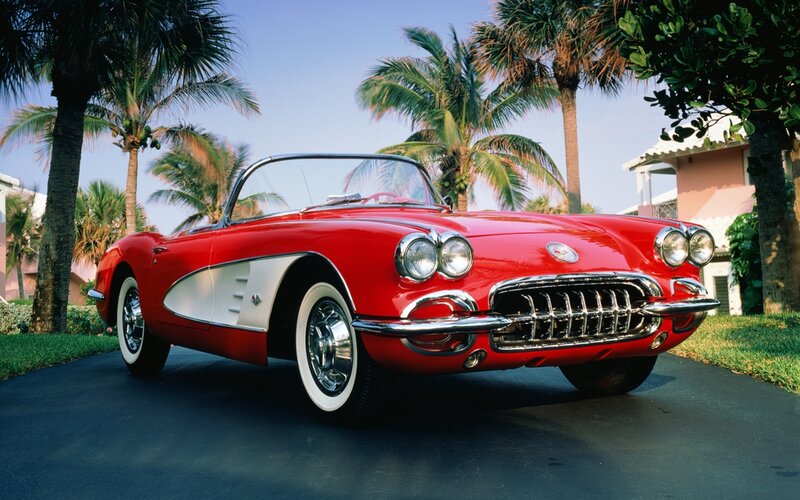 Red Classic Convertible — Serene, Afternoon, Photograph, Palm Trees, House