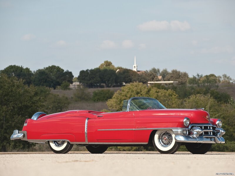 Red Classic Convertible — Serene, Afternoon, Photograph, Trees, Church Steeple