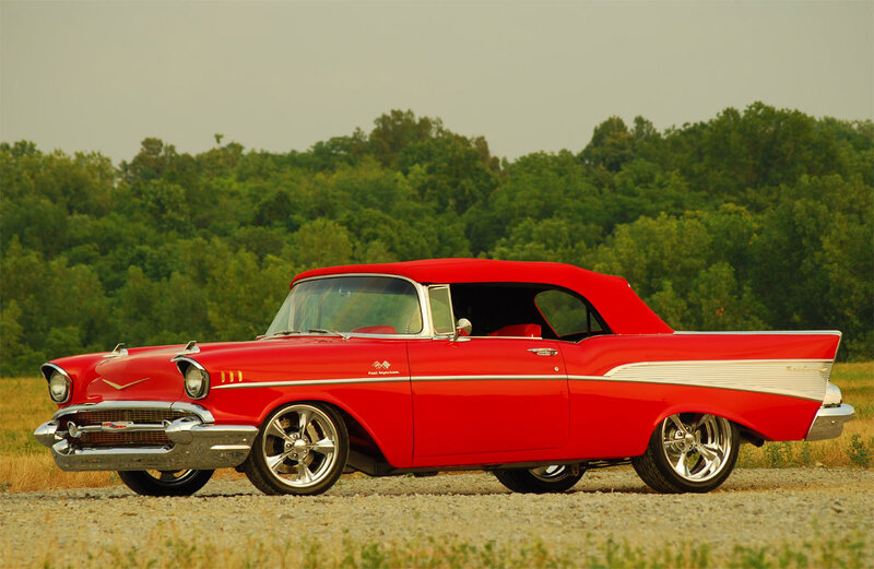Red Classic Convertible — Serene, Afternoon, Photograph, Trees, Gravel, Sky