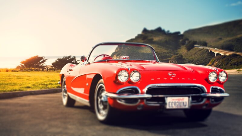 Red Classic Convertible — Serene, Sunset, Photograph, Car