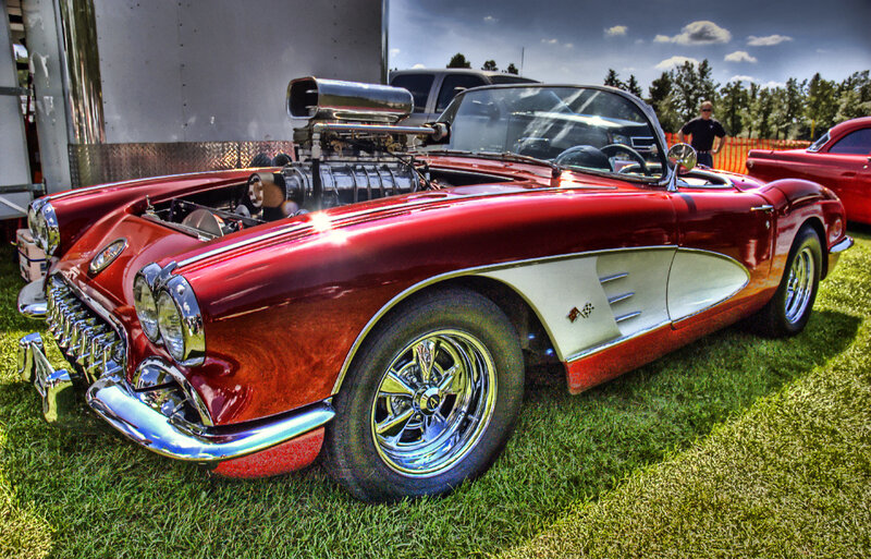 Red classic Corvette with supercharged engine