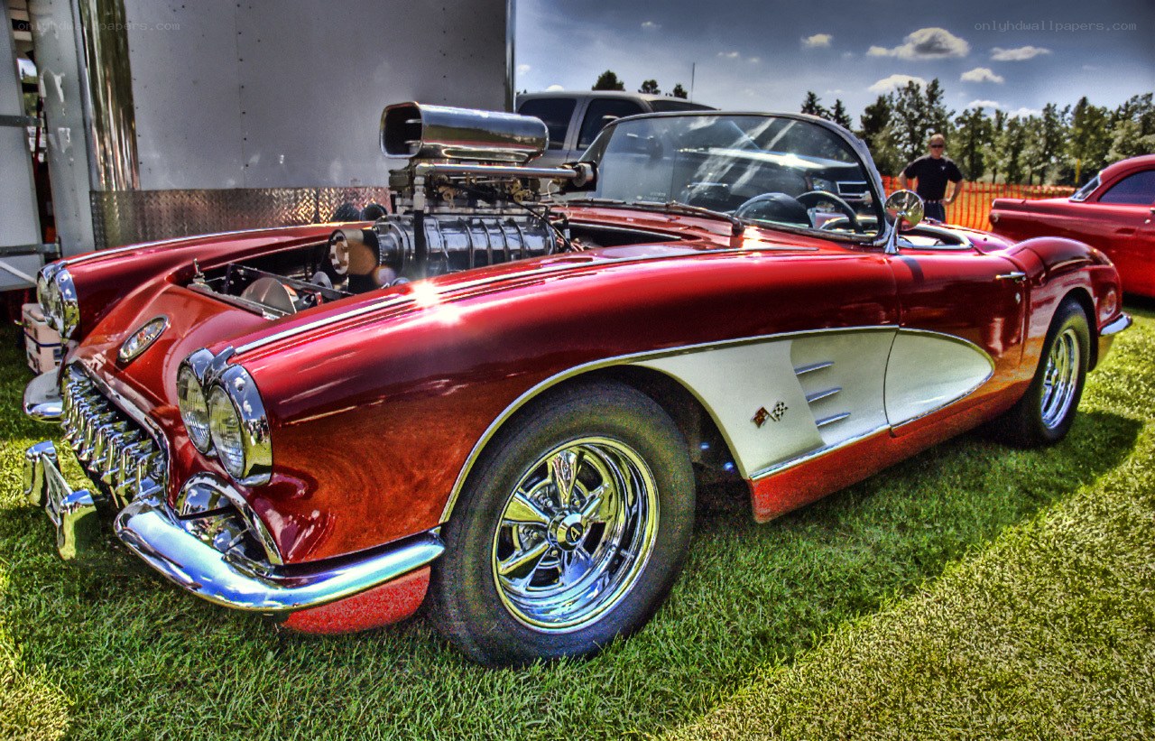 Red classic Corvette with supercharged engine