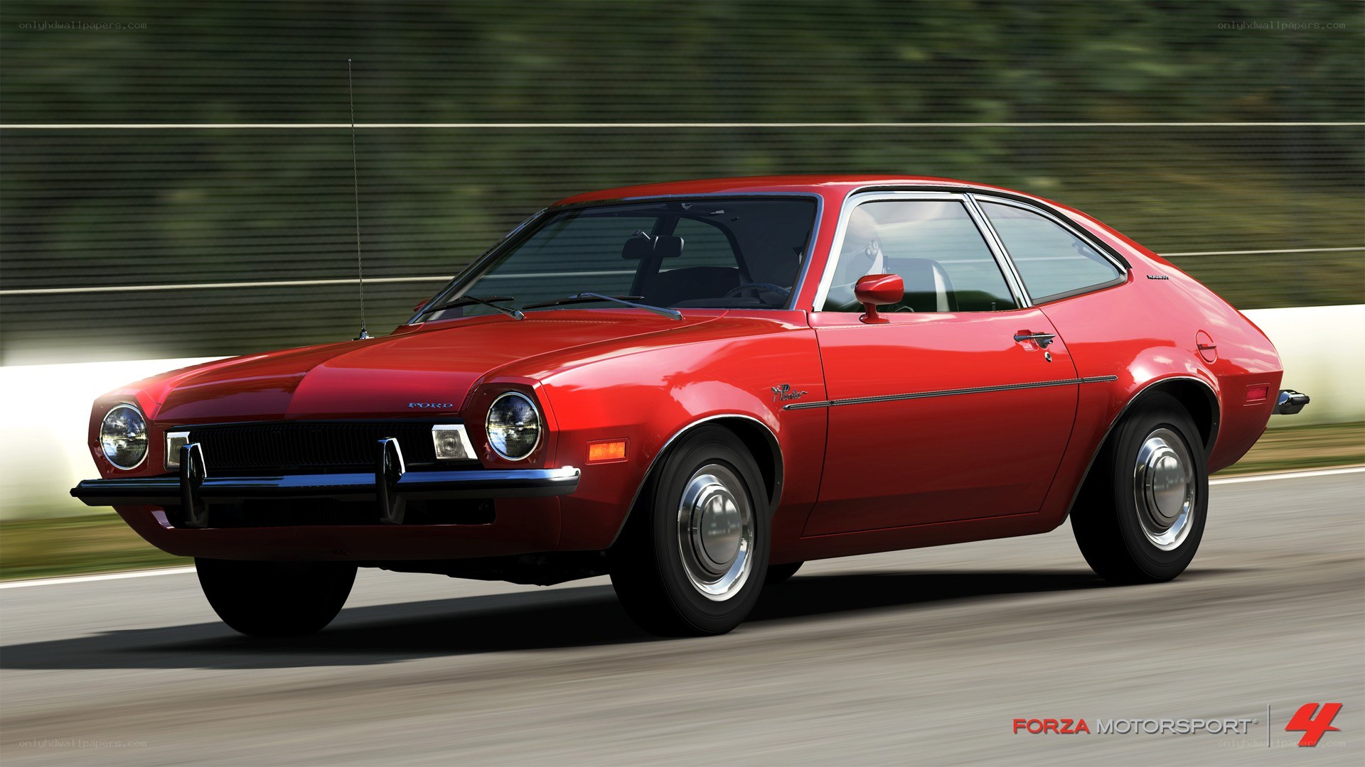 Red classic Ford Pinto in motion