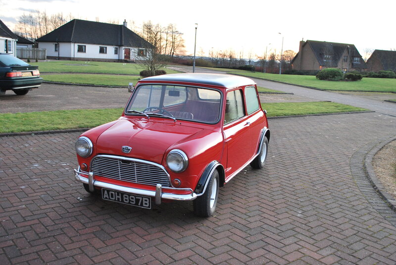 Red Classic Mini Car — Calm, Sunset